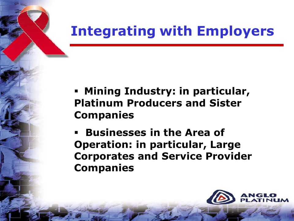 Integrating with Employers  Mining Industry: in particular, Platinum Producers and Sister Companies  Businesses in the Area of Operation: in particular, Large Corporates and Service Provider Companies