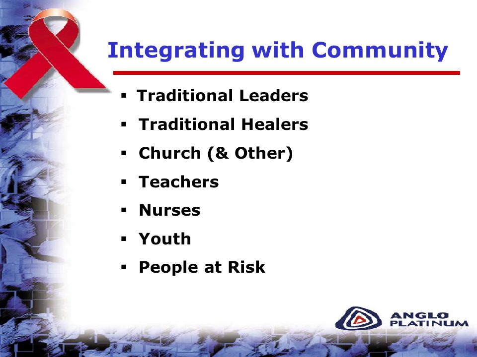 Integrating with Community  Traditional Leaders  Traditional Healers  Church (& Other)  Teachers  Nurses  Youth  People at Risk