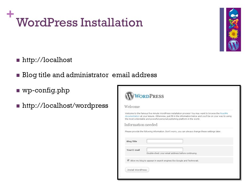 + WordPress Installation   Blog title and administrator  address wp-config.php