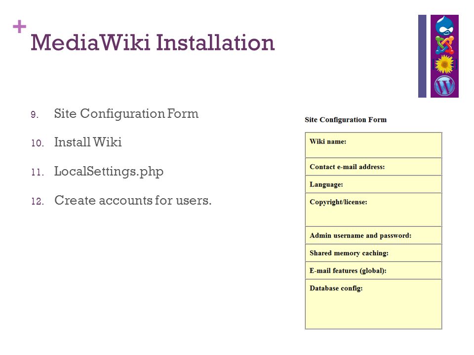 + MediaWiki Installation 9. Site Configuration Form 10.