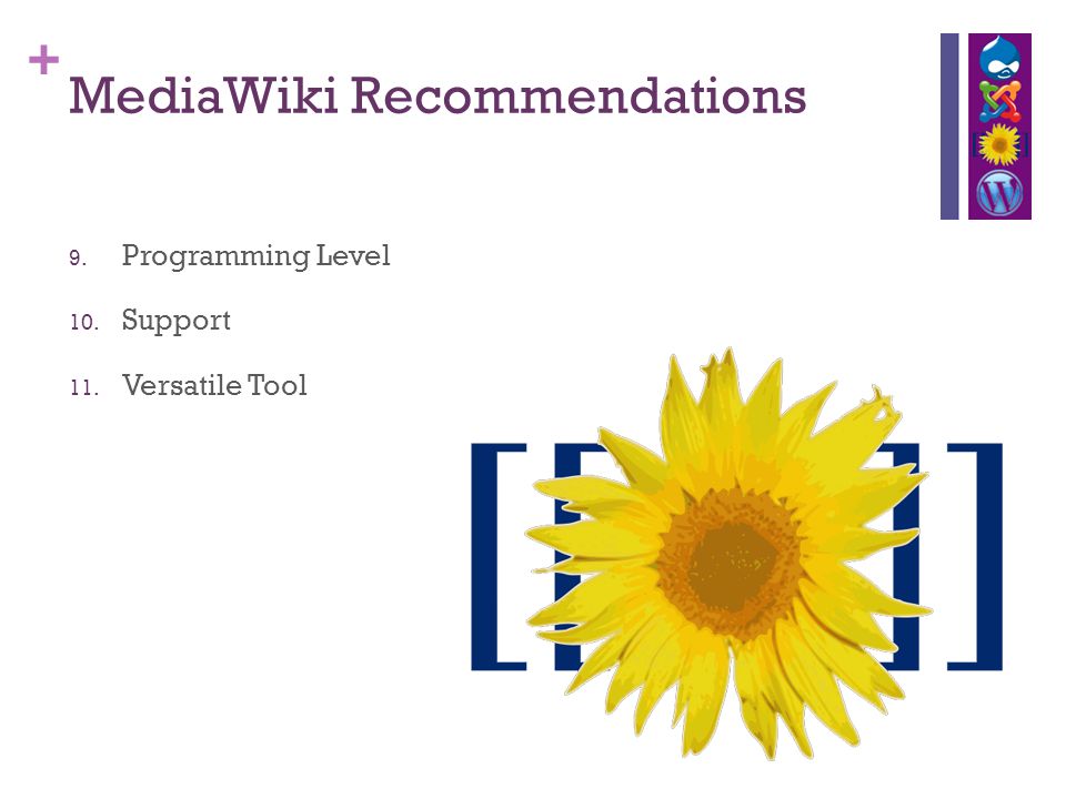 + MediaWiki Recommendations 9. Programming Level 10. Support 11. Versatile Tool