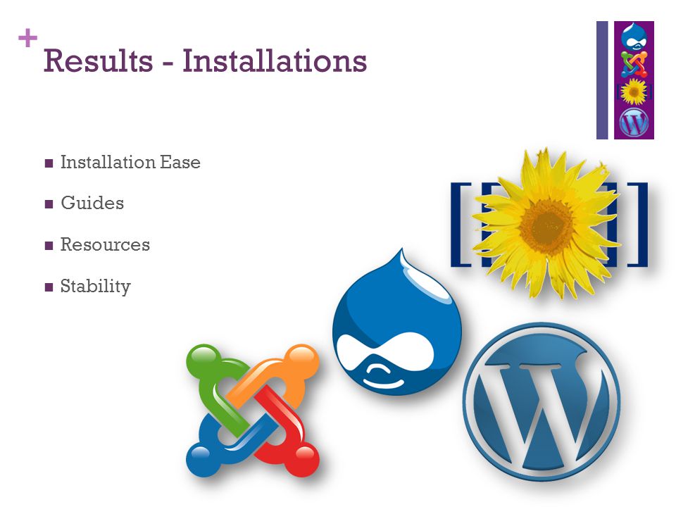 + Results - Installations Installation Ease Guides Resources Stability