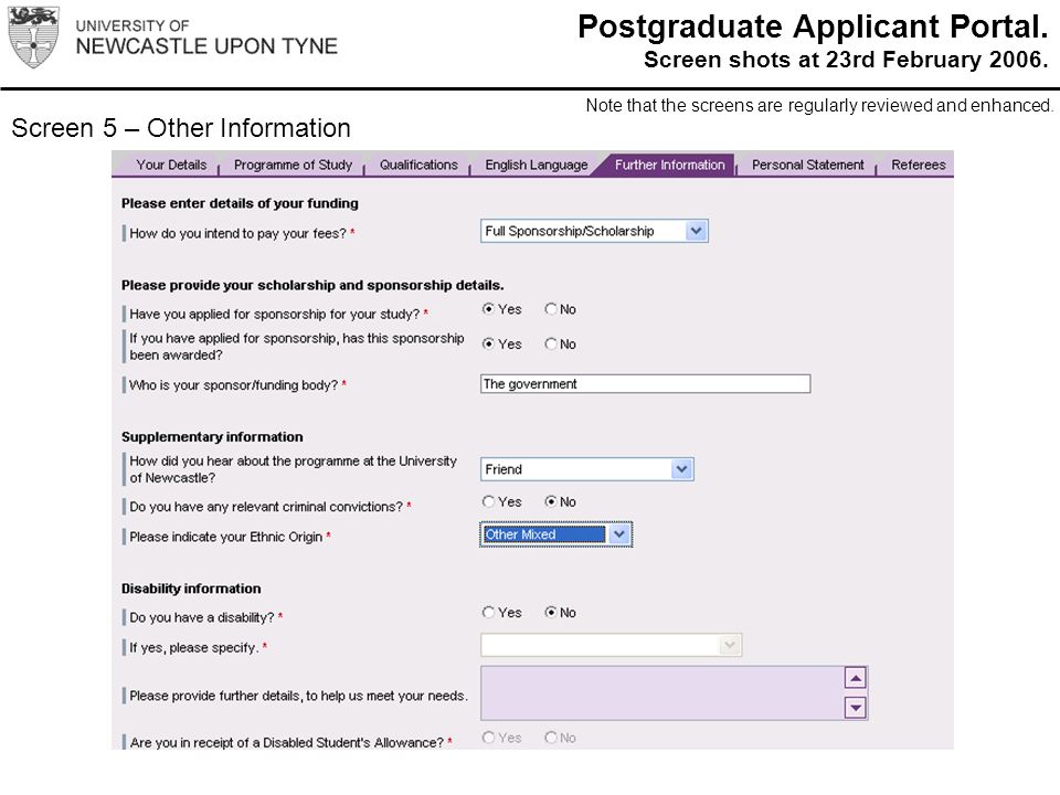 Screen 5 – Other Information Postgraduate Applicant Portal.