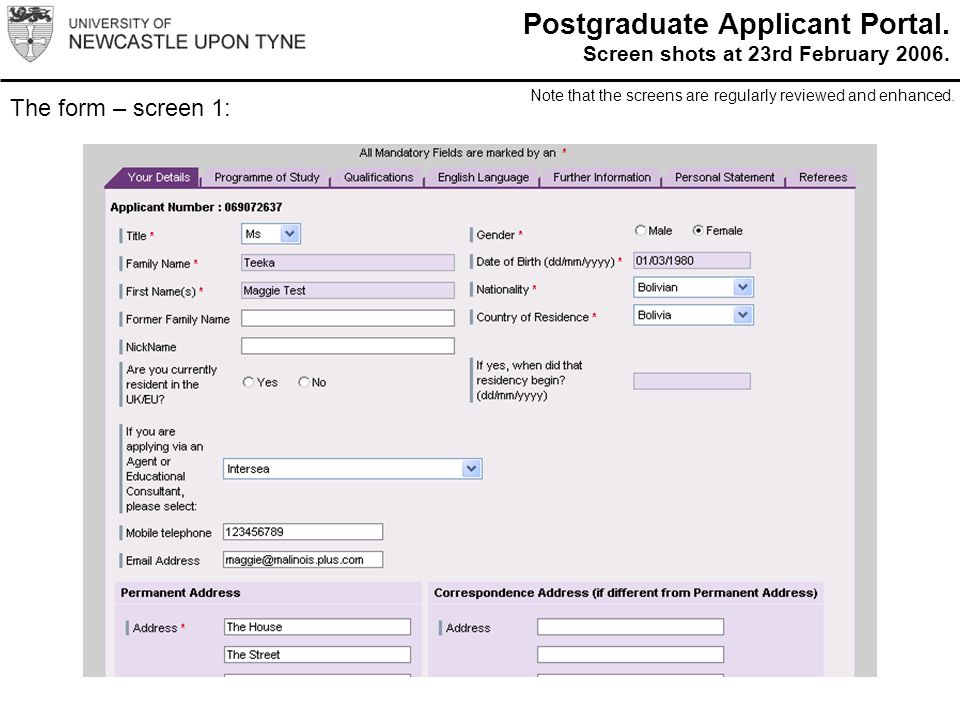 Postgraduate Applicant Portal. Screen shots at 23rd February