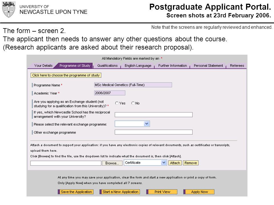 Postgraduate Applicant Portal. Screen shots at 23rd February