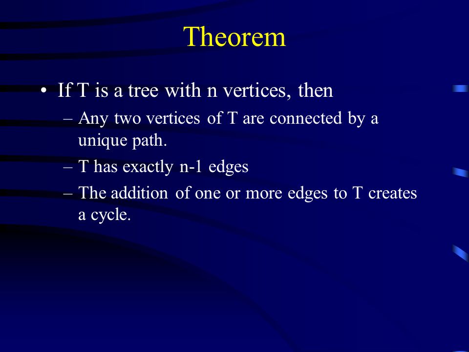 Theorem If T is a tree with n vertices, then –Any two vertices of T are connected by a unique path.