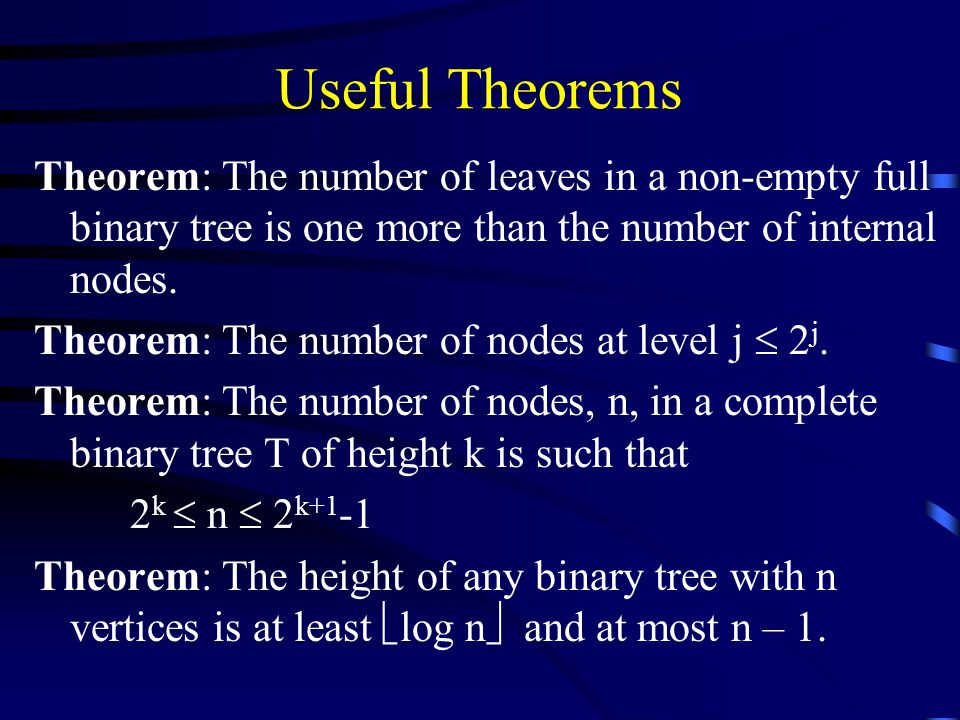 Useful Theorems Theorem: The number of leaves in a non-empty full binary tree is one more than the number of internal nodes.