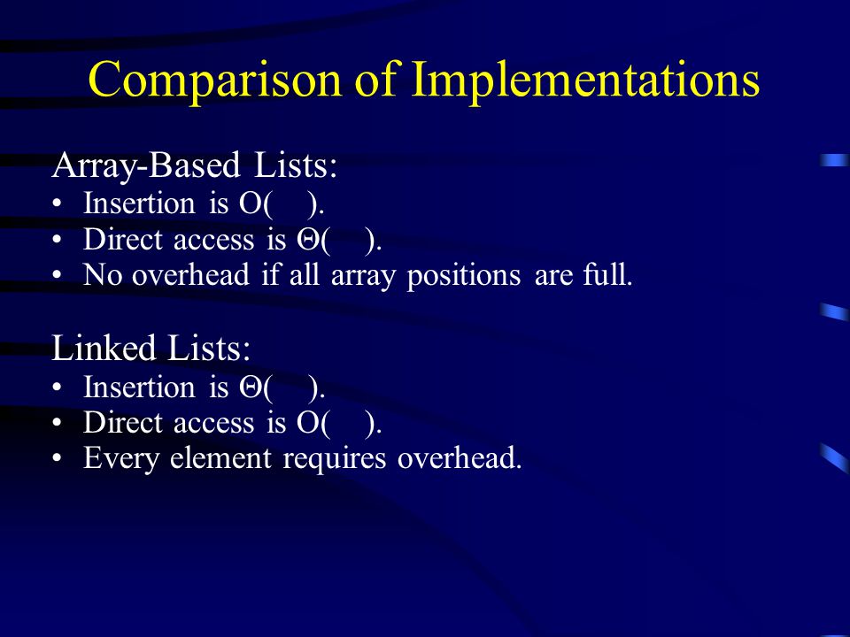 Comparison of Implementations Array-Based Lists: Insertion is O( ).