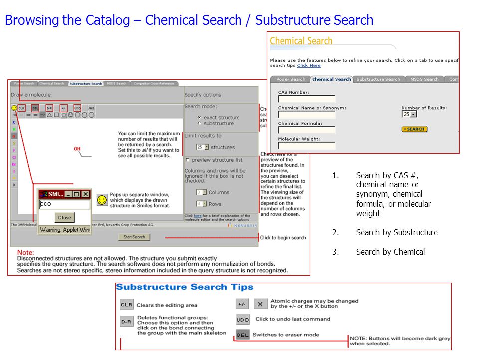 Browsing the Catalog – Chemical Search / Substructure Search 1.Search by CAS #, chemical name or synonym, chemical formula, or molecular weight 2.Search by Substructure 3.