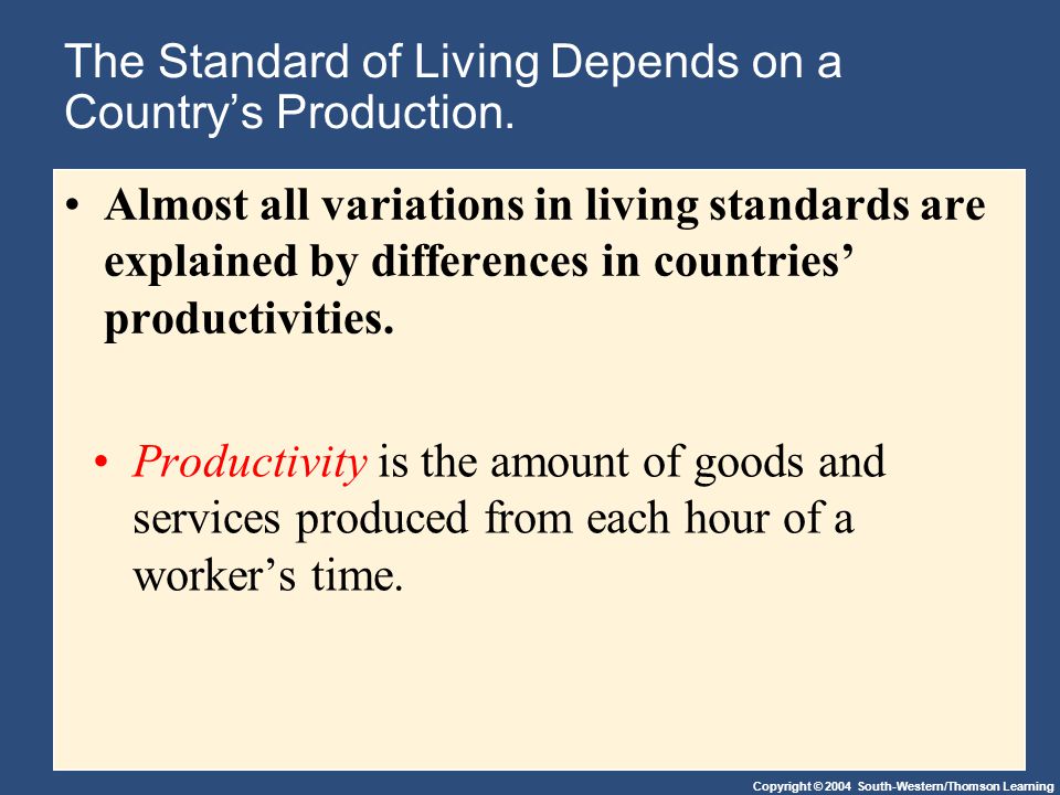 Copyright © 2004 South-Western/Thomson Learning The Standard of Living Depends on a Country’s Production.