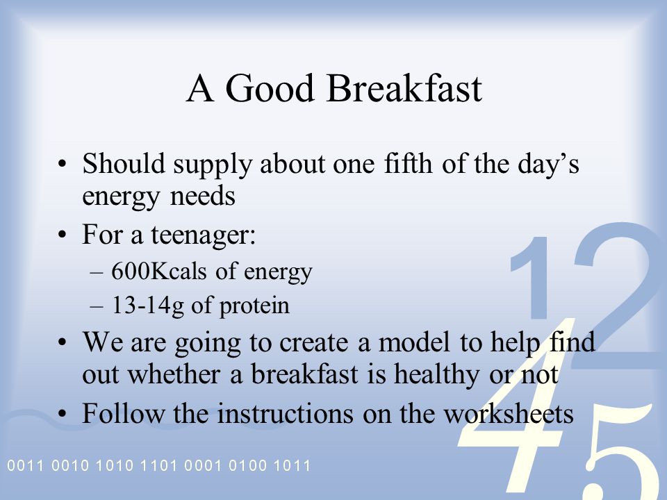 A Good Breakfast Should supply about one fifth of the day’s energy needs For a teenager: –600Kcals of energy –13-14g of protein We are going to create a model to help find out whether a breakfast is healthy or not Follow the instructions on the worksheets