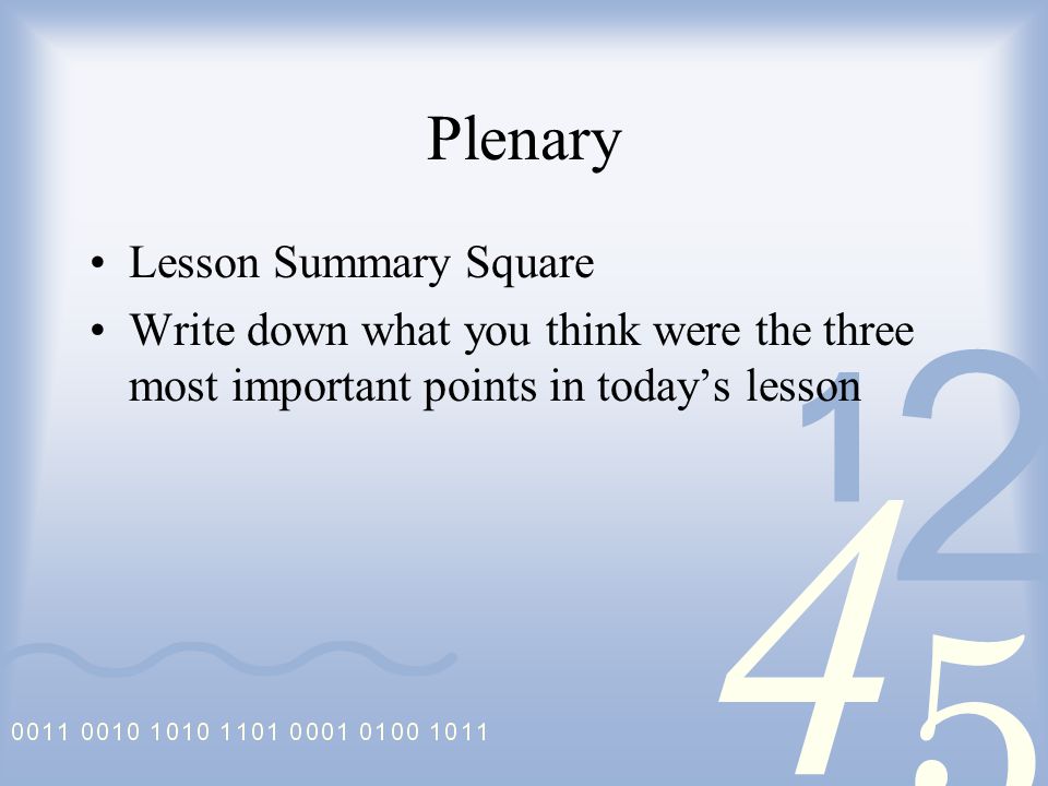 Plenary Lesson Summary Square Write down what you think were the three most important points in today’s lesson