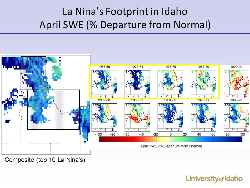 La Nina’s Footprint in Idaho April SWE (% Departure from Normal) Composite (top 10 La Nina’s)