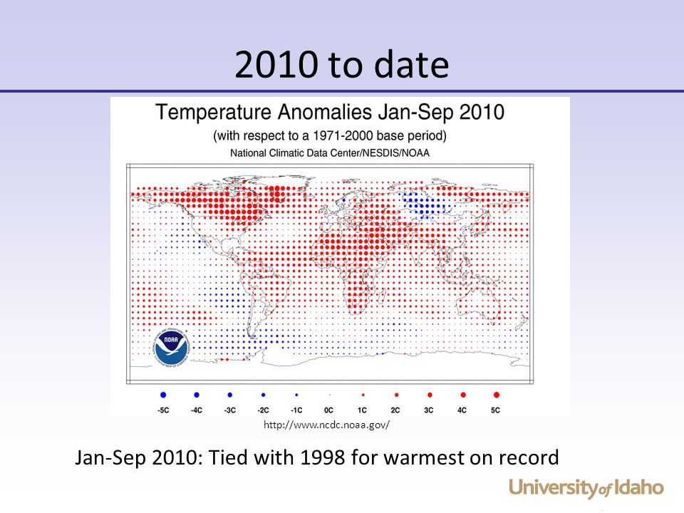 2010 to date Jan-Sep 2010: Tied with 1998 for warmest on record