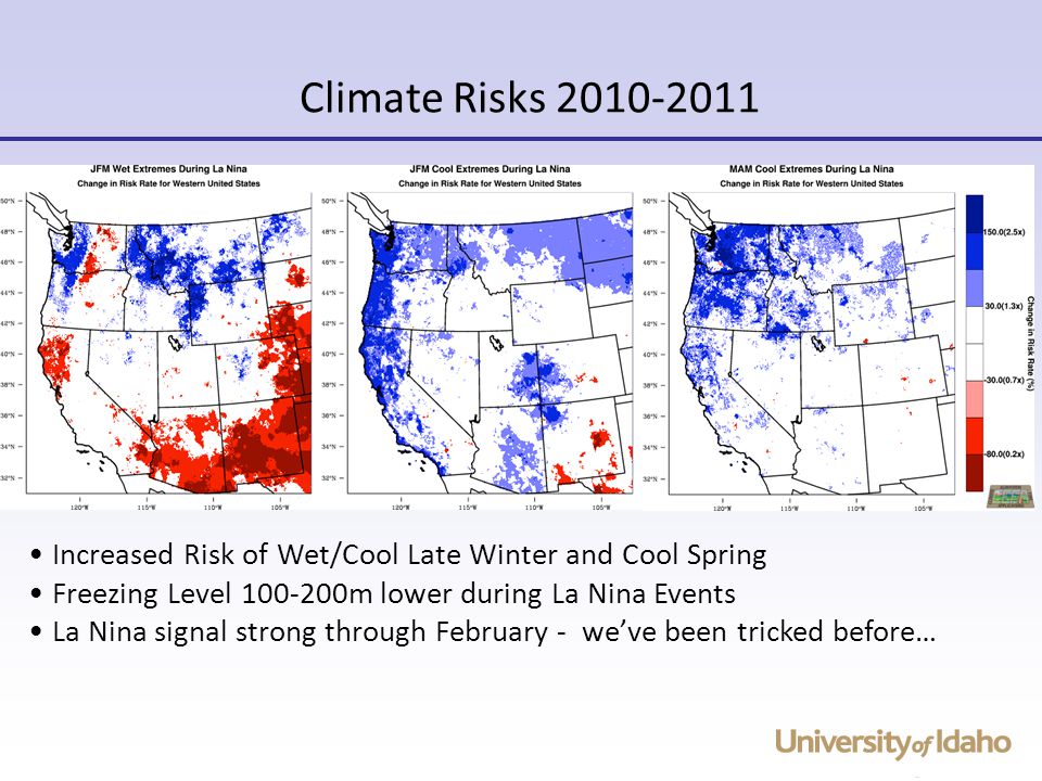Climate Risks Increased Risk of Wet/Cool Late Winter and Cool Spring Freezing Level m lower during La Nina Events La Nina signal strong through February - we’ve been tricked before…