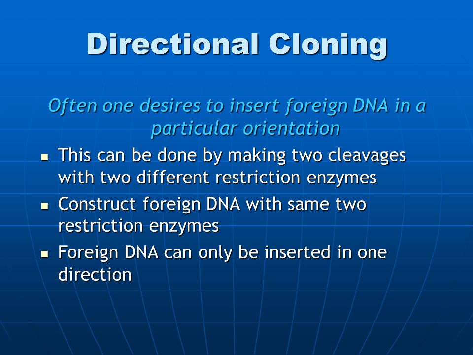 Directional Cloning Often one desires to insert foreign DNA in a particular orientation This can be done by making two cleavages with two different restriction enzymes This can be done by making two cleavages with two different restriction enzymes Construct foreign DNA with same two restriction enzymes Construct foreign DNA with same two restriction enzymes Foreign DNA can only be inserted in one direction Foreign DNA can only be inserted in one direction