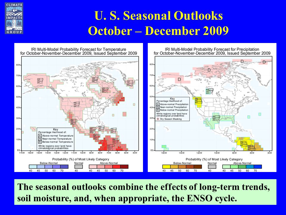The seasonal outlooks combine the effects of long-term trends, soil moisture, and, when appropriate, the ENSO cycle.