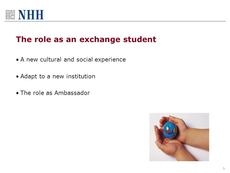 The role as an exchange student A new cultural and social experience Adapt to a new institution The role as Ambassador 5