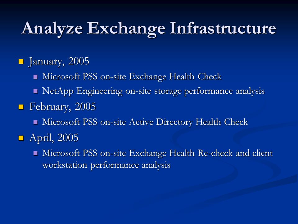 Analyze Exchange Infrastructure January, 2005 January, 2005 Microsoft PSS on-site Exchange Health Check Microsoft PSS on-site Exchange Health Check NetApp Engineering on-site storage performance analysis NetApp Engineering on-site storage performance analysis February, 2005 February, 2005 Microsoft PSS on-site Active Directory Health Check Microsoft PSS on-site Active Directory Health Check April, 2005 April, 2005 Microsoft PSS on-site Exchange Health Re-check and client workstation performance analysis Microsoft PSS on-site Exchange Health Re-check and client workstation performance analysis