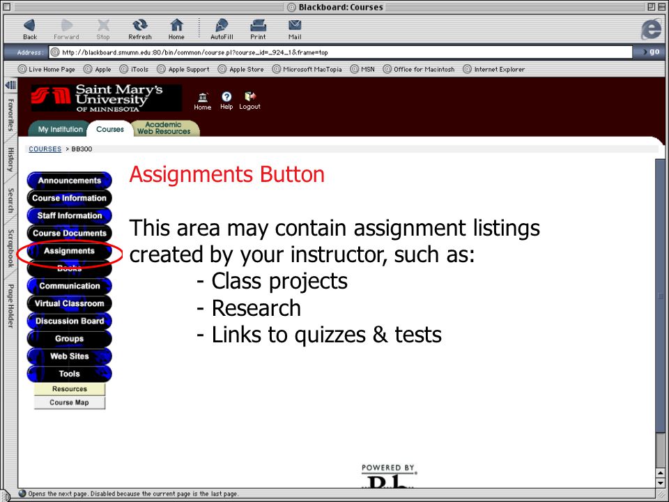 Assignments Assignments Button This area may contain assignment listings created by your instructor, such as: - Class projects - Research - Links to quizzes & tests