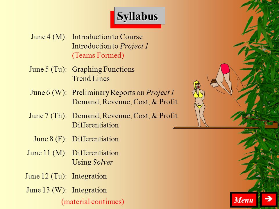 Syllabus  Menu (material continues) June 4 (M): June 5 (Tu): June 6 (W): June 7 (Th): June 8 (F): June 11 (M): June 12 (Tu): June 13 (W): Introduction to Course Introduction to Project 1 (Teams Formed) Graphing Functions Trend Lines Preliminary Reports on Project 1 Demand, Revenue, Cost, & Profit Differentiation Using Solver Integration SyllabusSyllabus