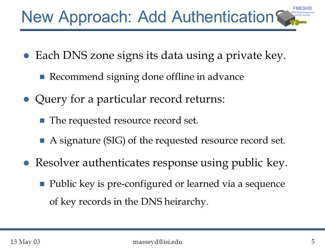13 May New Approach: Add Authentication l Each DNS zone signs its data using a private key.