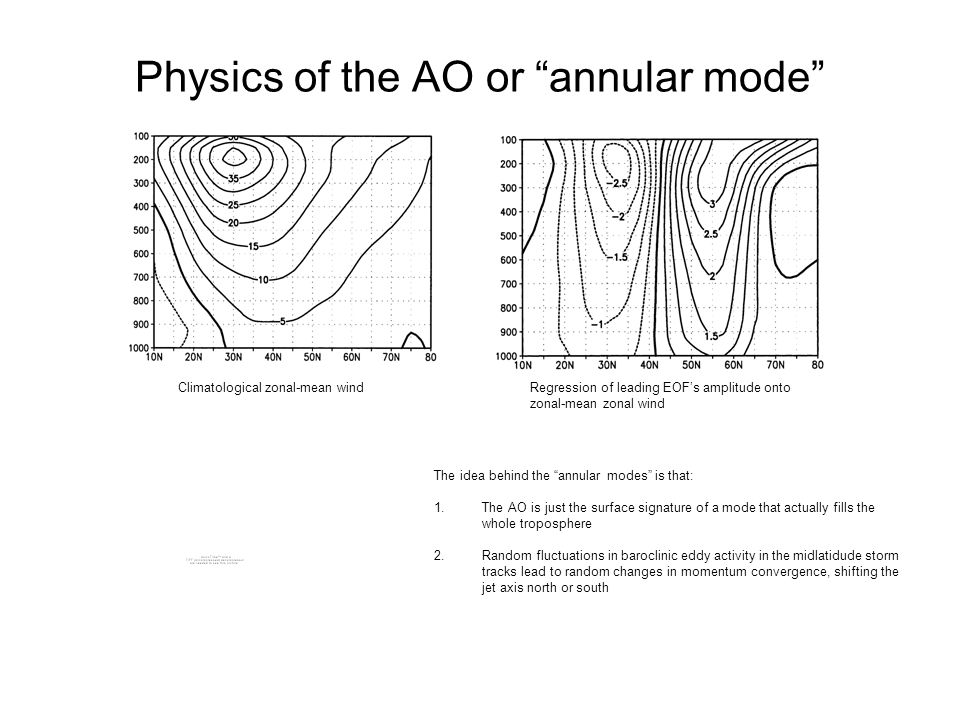 Physics of the AO or annular mode Climatological zonal-mean windRegression of leading EOF’s amplitude onto zonal-mean zonal wind The idea behind the annular modes is that: 1.