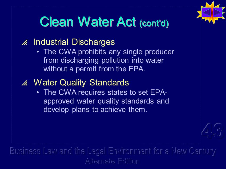 Clean Water Act (cont’d)  Industrial Discharges The CWA prohibits any single producer from discharging pollution into water without a permit from the EPA.