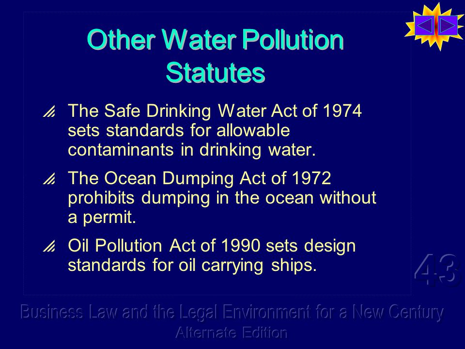 Other Water Pollution Statutes  The Safe Drinking Water Act of 1974 sets standards for allowable contaminants in drinking water.