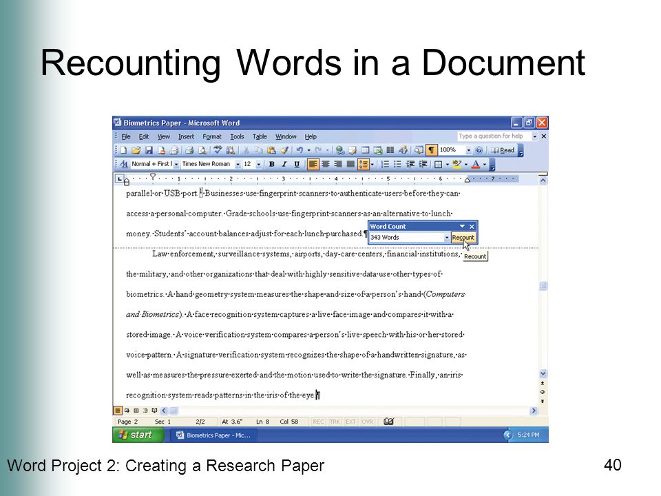 Word Project 2: Creating a Research Paper 40 Recounting Words in a Document