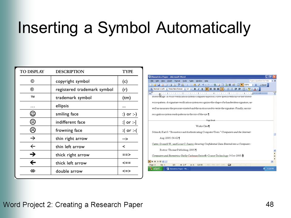 Word Project 2: Creating a Research Paper 48 Inserting a Symbol Automatically