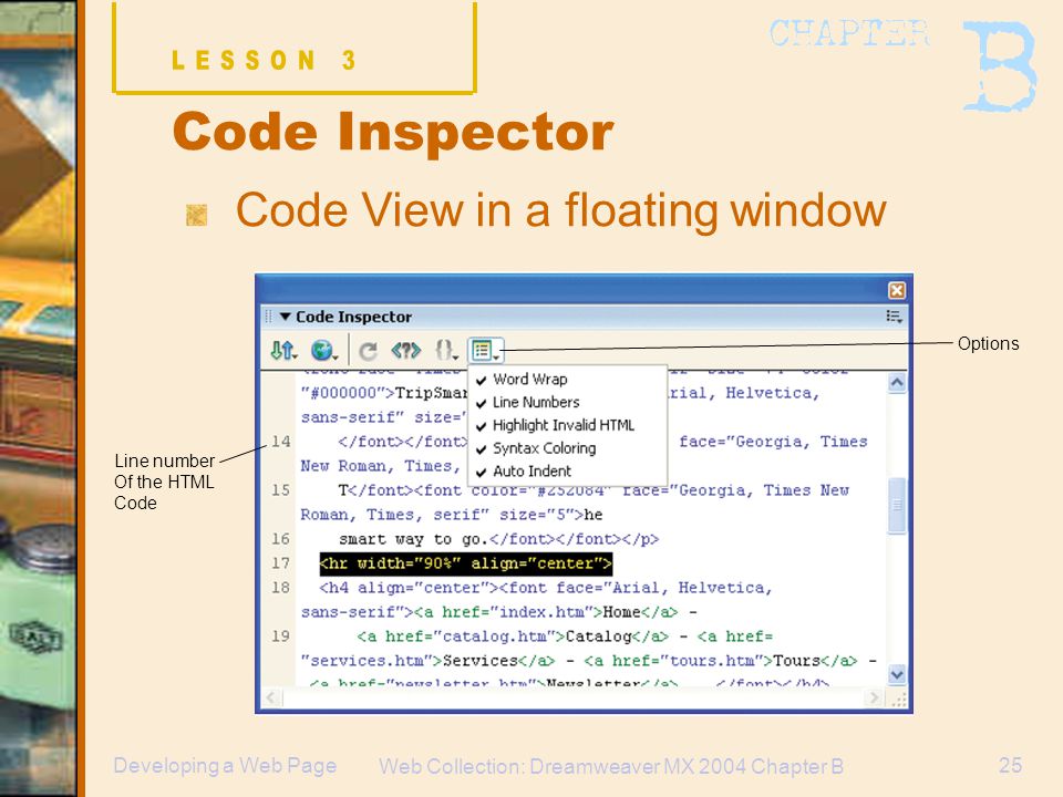 Web Collection: Dreamweaver MX 2004 Chapter B 25Developing a Web Page Code Inspector Code View in a floating window Line number Of the HTML Code Options
