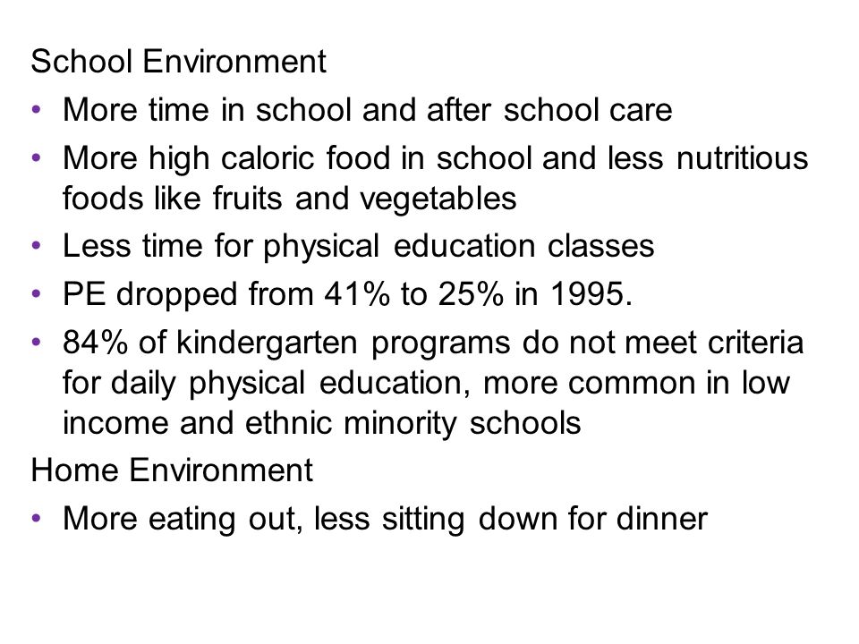 School Environment More time in school and after school care More high caloric food in school and less nutritious foods like fruits and vegetables Less time for physical education classes PE dropped from 41% to 25% in 1995.