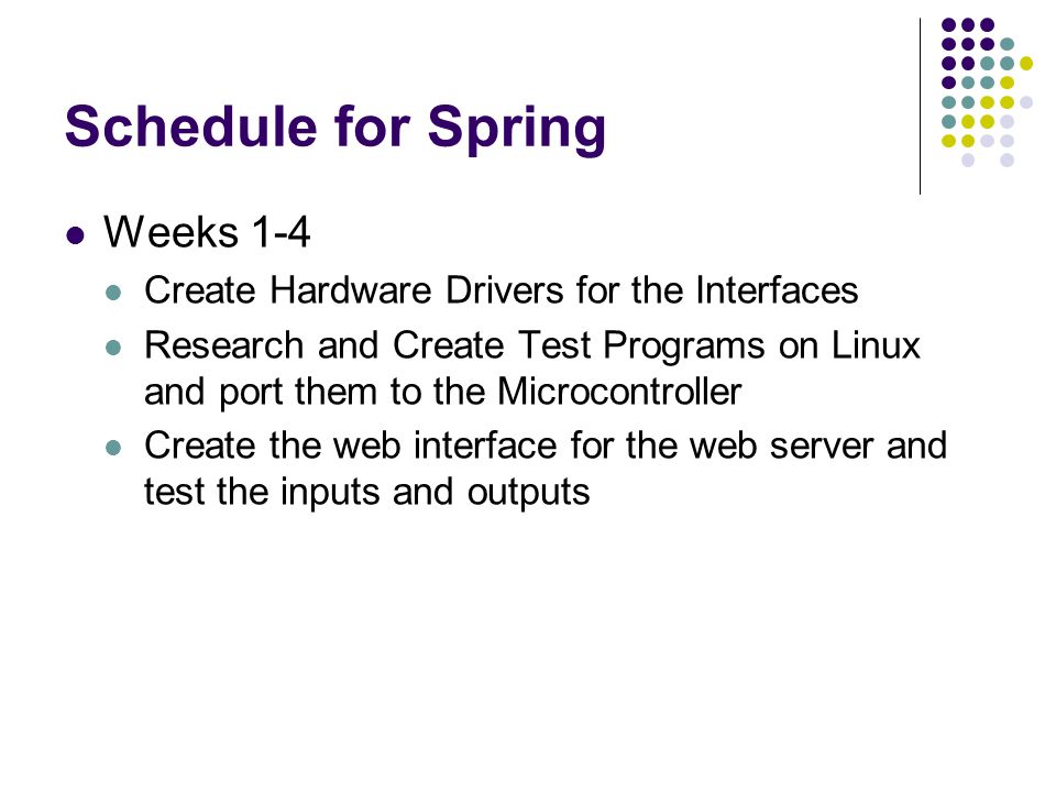 Schedule for Spring Weeks 1-4 Create Hardware Drivers for the Interfaces Research and Create Test Programs on Linux and port them to the Microcontroller Create the web interface for the web server and test the inputs and outputs