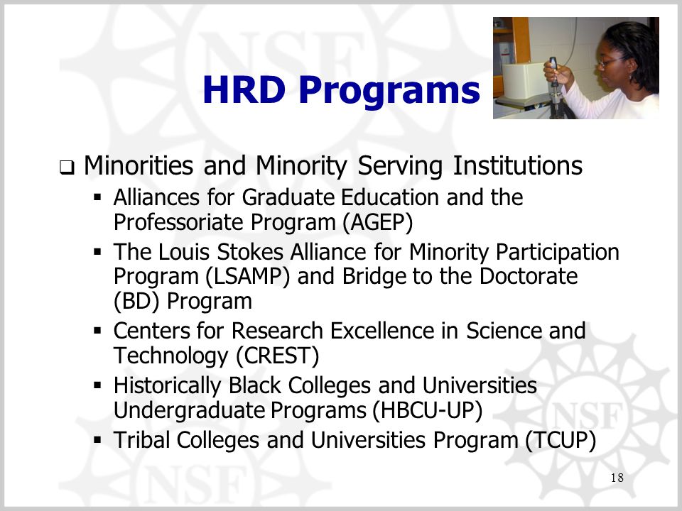 18 HRD Programs  Minorities and Minority Serving Institutions  Alliances for Graduate Education and the Professoriate Program (AGEP)  The Louis Stokes Alliance for Minority Participation Program (LSAMP) and Bridge to the Doctorate (BD) Program  Centers for Research Excellence in Science and Technology (CREST)  Historically Black Colleges and Universities Undergraduate Programs (HBCU-UP)  Tribal Colleges and Universities Program (TCUP)