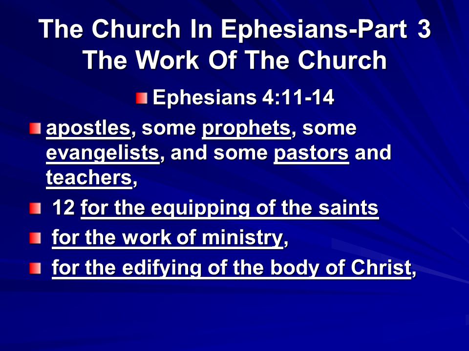 Ephesians 4:11-14 apostles, some prophets, some evangelists, and some pastors and teachers, 12 for the equipping of the saints 12 for the equipping of the saints for the work of ministry, for the work of ministry, for the edifying of the body of Christ, for the edifying of the body of Christ,