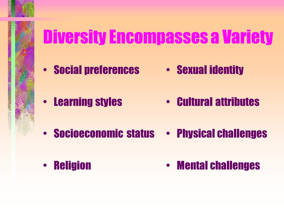 Diversity Encompasses a Variety Social preferences Learning styles Socioeconomic status Religion Sexual identity Cultural attributes Physical challenges Mental challenges