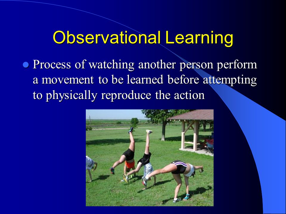 Observational Learning Process of watching another person perform a movement to be learned before attempting to physically reproduce the action Process of watching another person perform a movement to be learned before attempting to physically reproduce the action