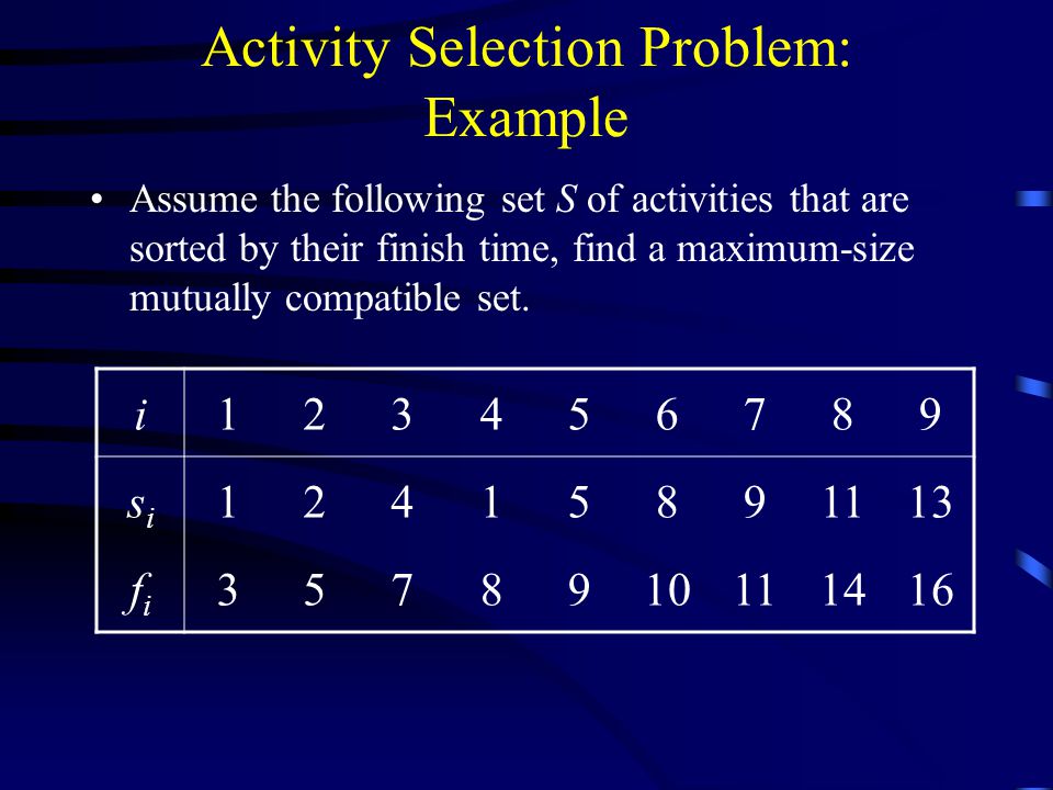 Activity Selection Problem: Example Assume the following set S of activities that are sorted by their finish time, find a maximum-size mutually compatible set.