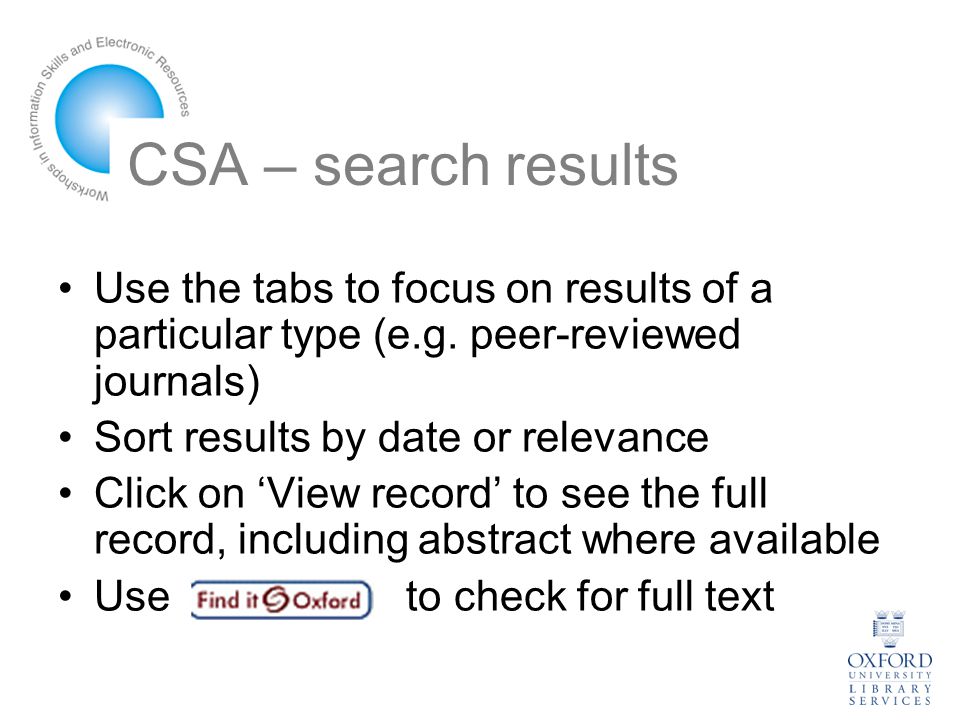 CSA – search results Use the tabs to focus on results of a particular type (e.g.