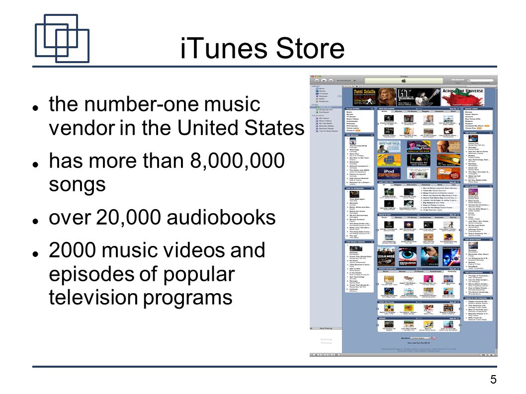 5 iTunes Store the number-one music vendor in the United States has more than 8,000,000 songs over 20,000 audiobooks 2000 music videos and episodes of popular television programs