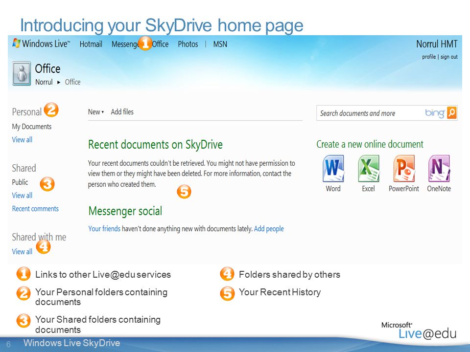 6 Windows Live SkyDrive Introducing your SkyDrive home page Links to other services Your Personal folders containing documents Your Shared folders containing documents Folders shared by others Your Recent History