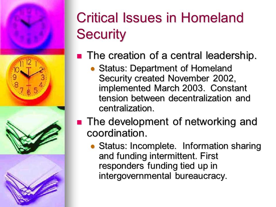 Critical Issues in Homeland Security The creation of a central leadership.