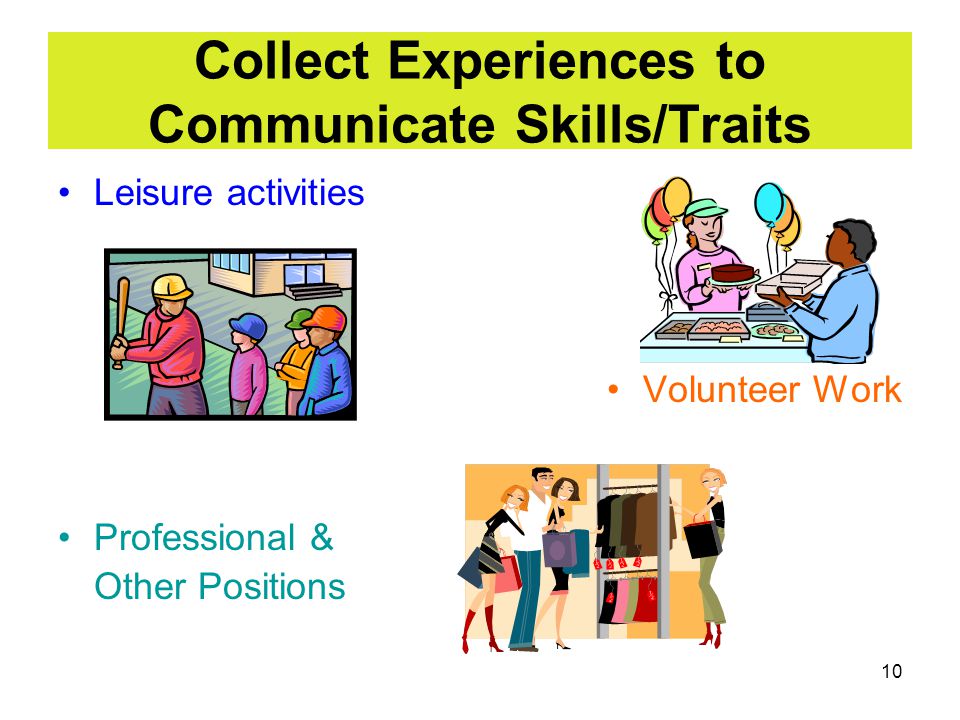 10 Collect Experiences to Communicate Skills/Traits Leisure activities Volunteer Work Professional & Other Positions