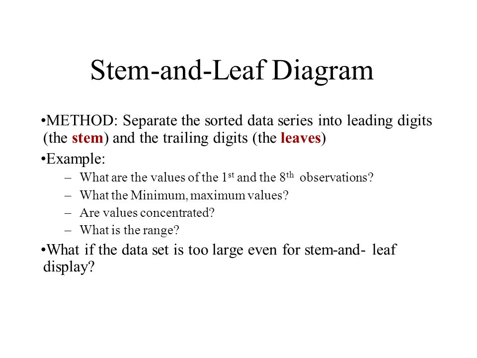Stem-and-Leaf Diagram METHOD: Separate the sorted data series into leading digits (the stem) and the trailing digits (the leaves) Example: –What are the values of the 1 st and the 8 th observations.