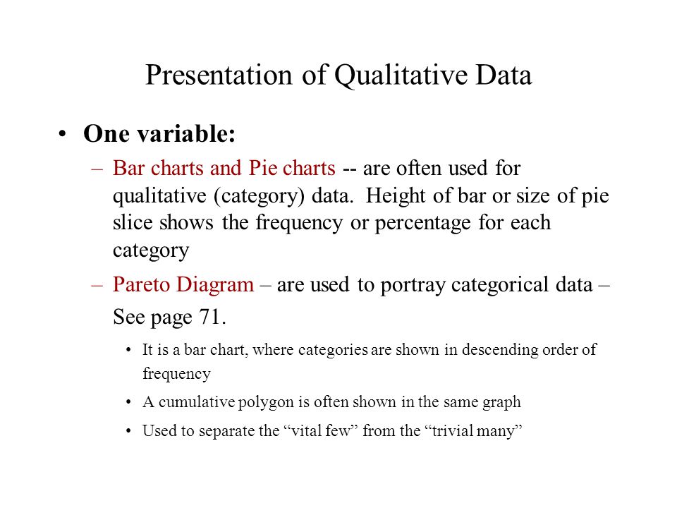 Presentation of Qualitative Data One variable: –Bar charts and Pie charts -- are often used for qualitative (category) data.