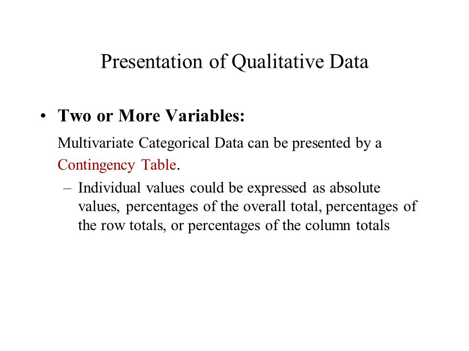 Presentation of Qualitative Data Two or More Variables: Multivariate Categorical Data can be presented by a Contingency Table.