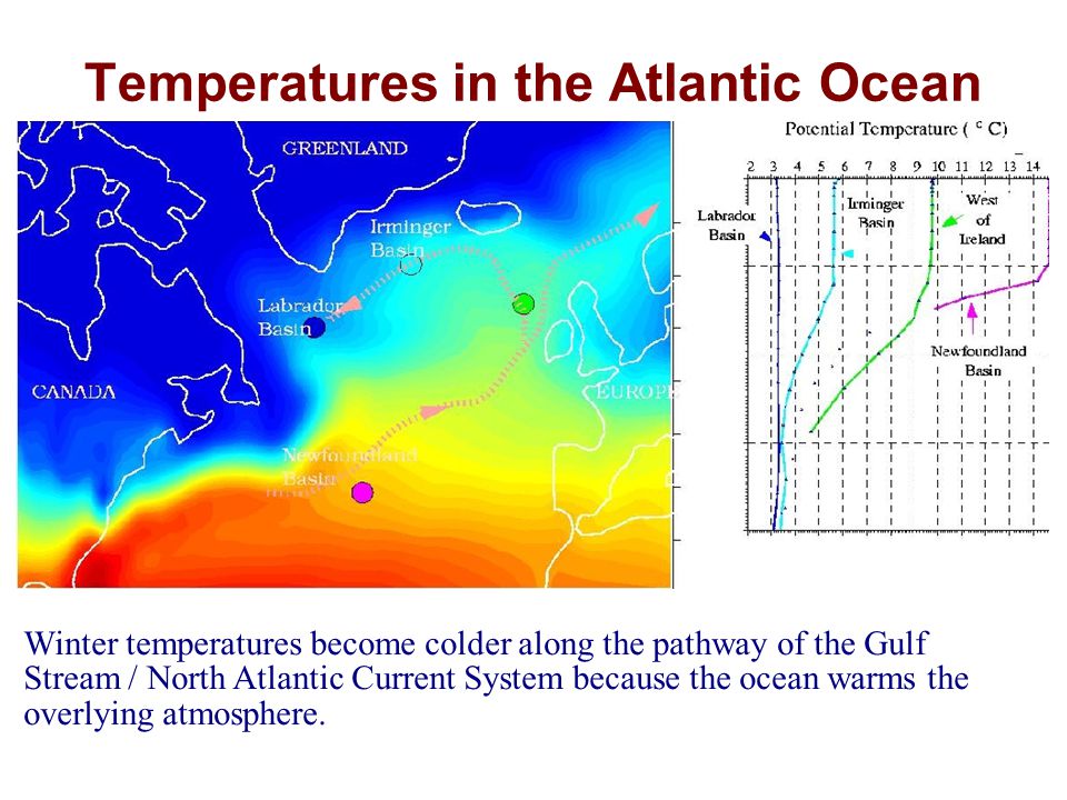 Temperatures in the Atlantic Ocean Winter temperatures become colder along the pathway of the Gulf Stream / North Atlantic Current System because the ocean warms the overlying atmosphere.