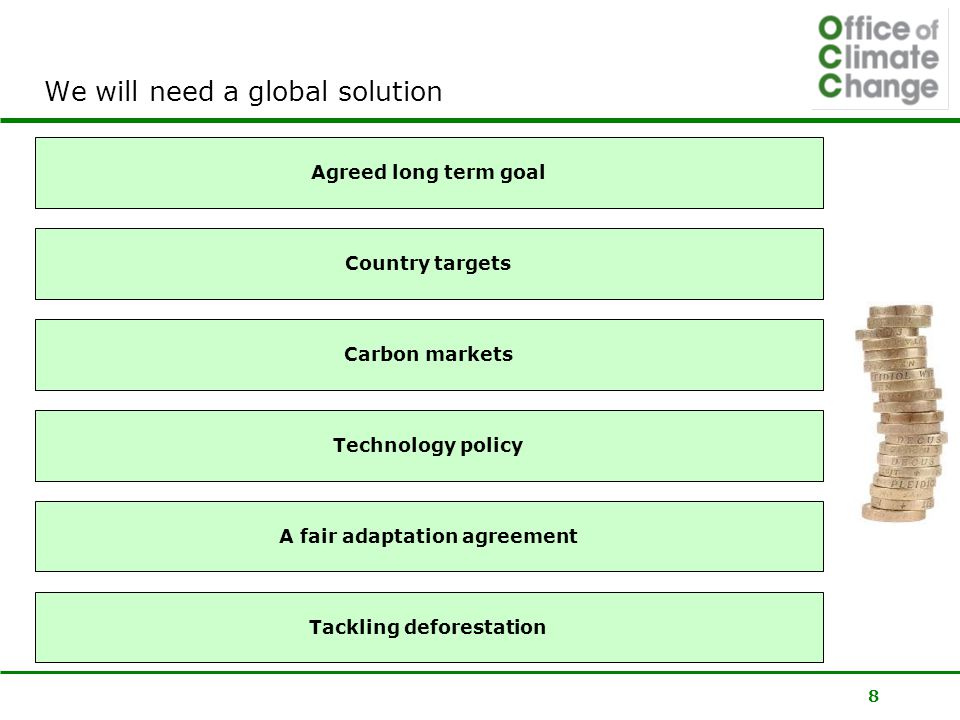 8 We will need a global solution Agreed long term goal Country targets Carbon markets Technology policy A fair adaptation agreement Tackling deforestation