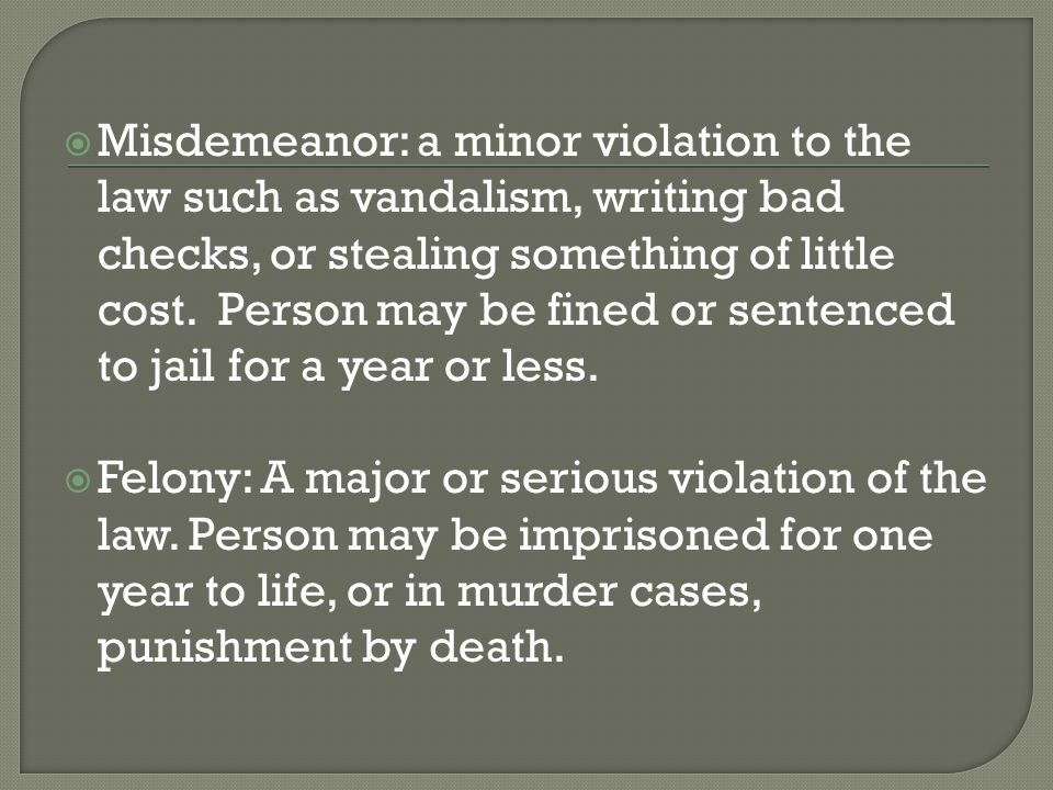  Misdemeanor: a minor violation to the law such as vandalism, writing bad checks, or stealing something of little cost.